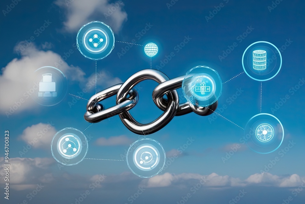 Poster creative cyber protection theme with chain link graphic and interactive data nodes on a sky blue bac