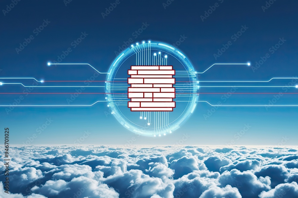 Poster revolutionary cyber security visualization featuring firewall icon and streaming data lines on a clo