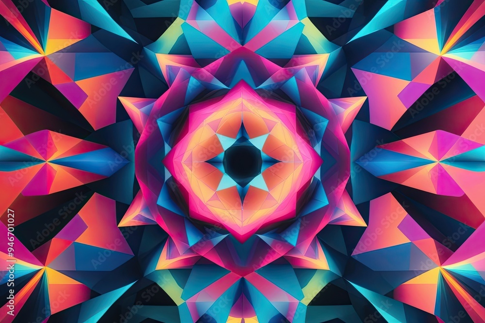 Poster dynamic 3d polygon mesh with abstract symmetry and gradient color effect