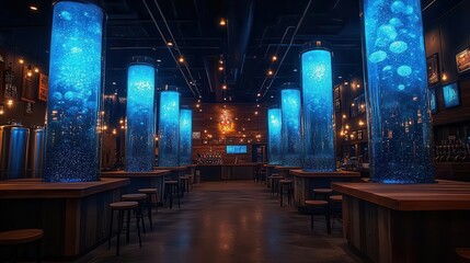 enchanted beer garden with bioluminescent hops and glowing fermentation tanks magical brew master conjures spectacular light show from frothy mugs
