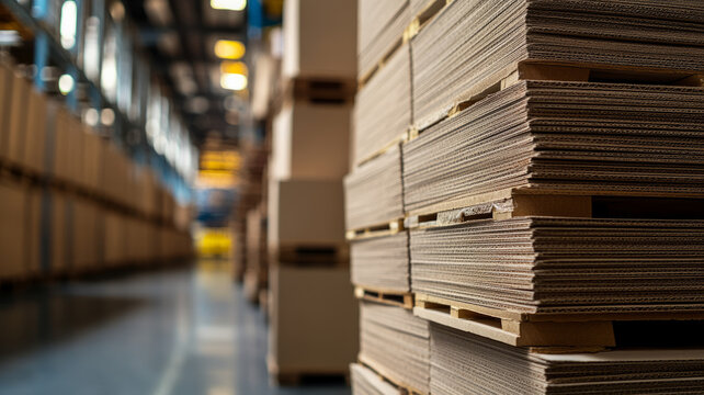 Stacks of cardboard boxes on pallets in a warehouse