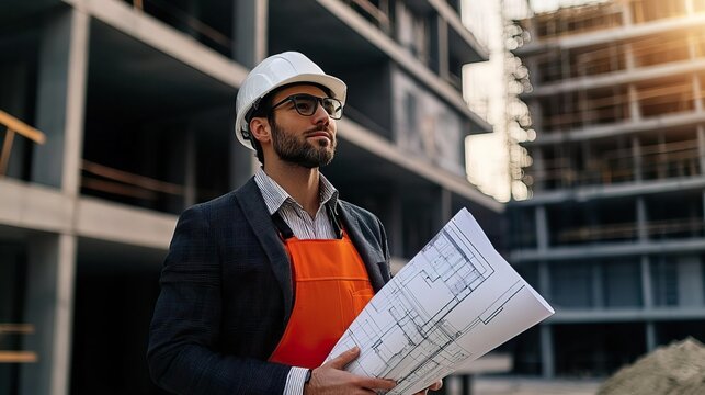 A construction worker examines blueprints at a building site, showcasing expertise in architecture and project management.