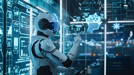 A futuristic robot interacting with digital displays in a high-tech environment.