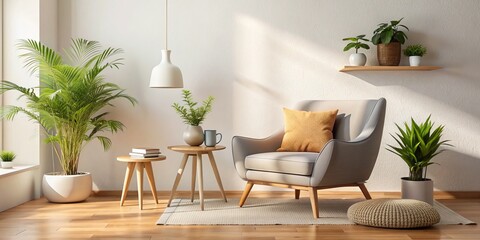 Cozy Living Room with Armchair, Plants, and Wooden Floor, 3D Render, Interior Design, Minimalist, Home Decor