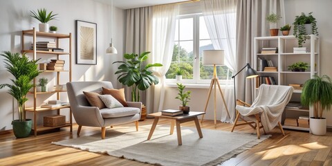 Obraz premium Cozy Living Room with Gray Armchair and Floor Lamp, Wooden Bookshelves, Plants and Sunlight Streaming Through the Window, Interior Design, Home Decor, Living Room Cozy Living Room, Interior Design