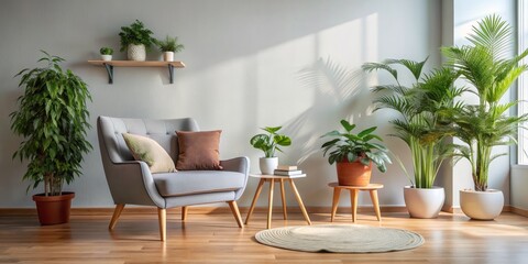 Fototapeta premium Cozy Living Room with Grey Armchair and Plants, a wooden floor, and a circular rug, Grey Armchair, Plants, Living Room, Interior Design
