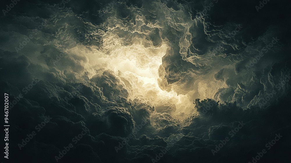 Poster a monochromatic picture of a cloudy sky with a luminous light shining from within