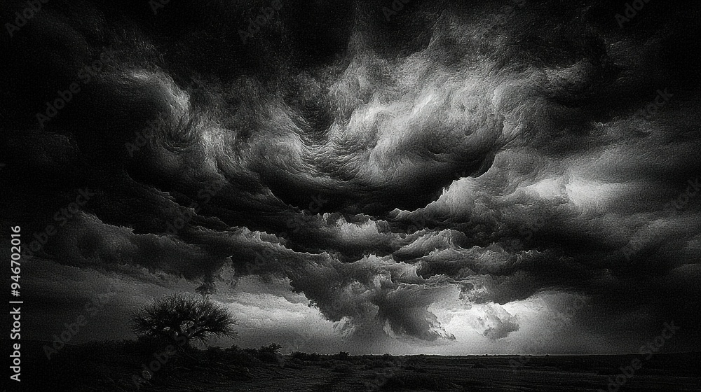 Poster a monochrome image of a tempest featuring a tree in the foreground and gloomy clouds in the backgrou