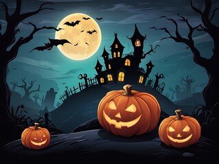 Spooky Halloween Background with Haunted House, Evil Pumpkins, and Full Moon Night Scene.
