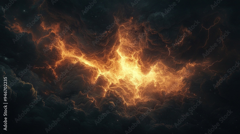 Poster a black background with orange and yellow clouds is the same as three separate images, each of which