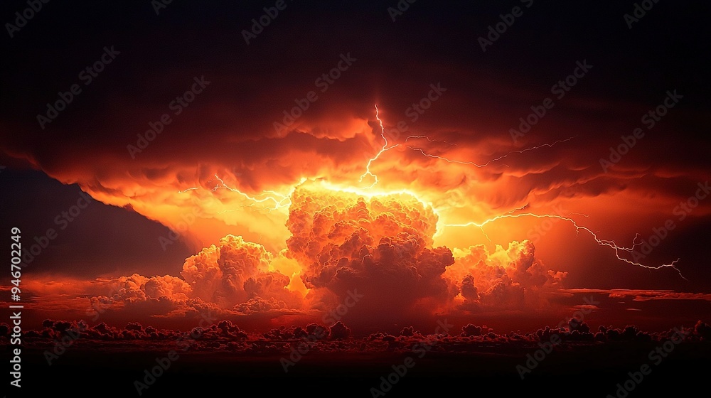 Poster a cloud with a bolt of lightning emerging from its center, surrounded by other clouds and lightning 