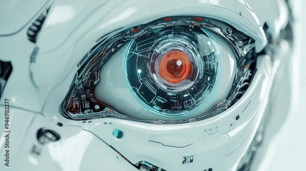 Poster close-up photo of robotic eye. represents artificial intelligence and advanced technology.