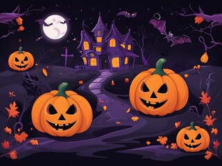 Spooky Halloween Background with Haunted House, Evil Pumpkins, and Full Moon Night Scene.