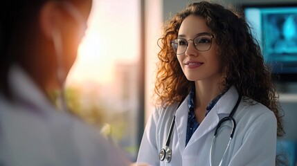 A confident doctor engaging with a patient in a bright medical environment, showcasing compassion and professionalism.