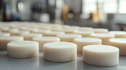 Multiple bars of soap aligned in a factory setting