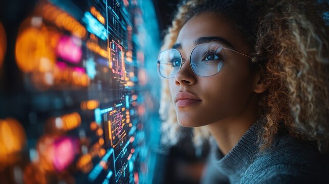 Data Analyst: Futuristic Vision: A young woman with curly hair and stylish glasses gazes intently at a holographic data display, her expression filled with focus and curiosity. - Powered by Adobe