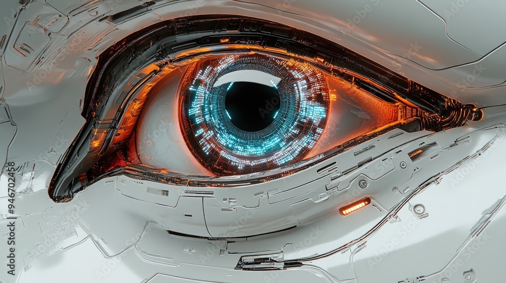 Poster close-up of robotic eye with glowing circuits. represents artificial intelligence, technology, and f