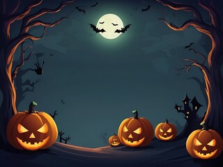Spooky Halloween Background with Haunted House, Evil Pumpkins, and Full Moon Night Scene.