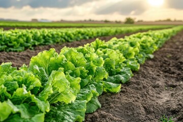 A row of fresh lettuce growing in a field. This photo is ideal for illustrating agriculture, food production, or healthy eating.