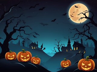 Spooky Halloween Background with Haunted House, Evil Pumpkins, and Full Moon Night Scene.
