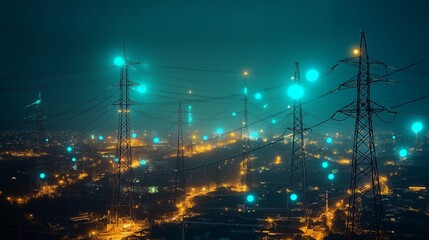 A nighttime cityscape featuring illuminated power lines and glowing orbs.