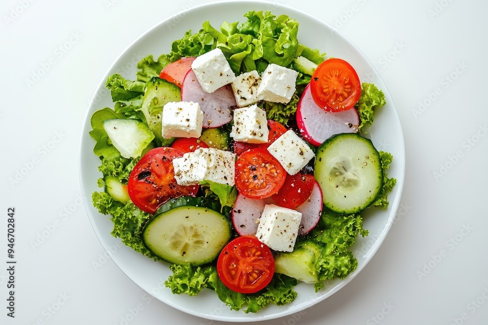 Wall mural Fresh salad with feta cheese. Perfect for illustrating healthy eating, food blogs, and recipe websites.