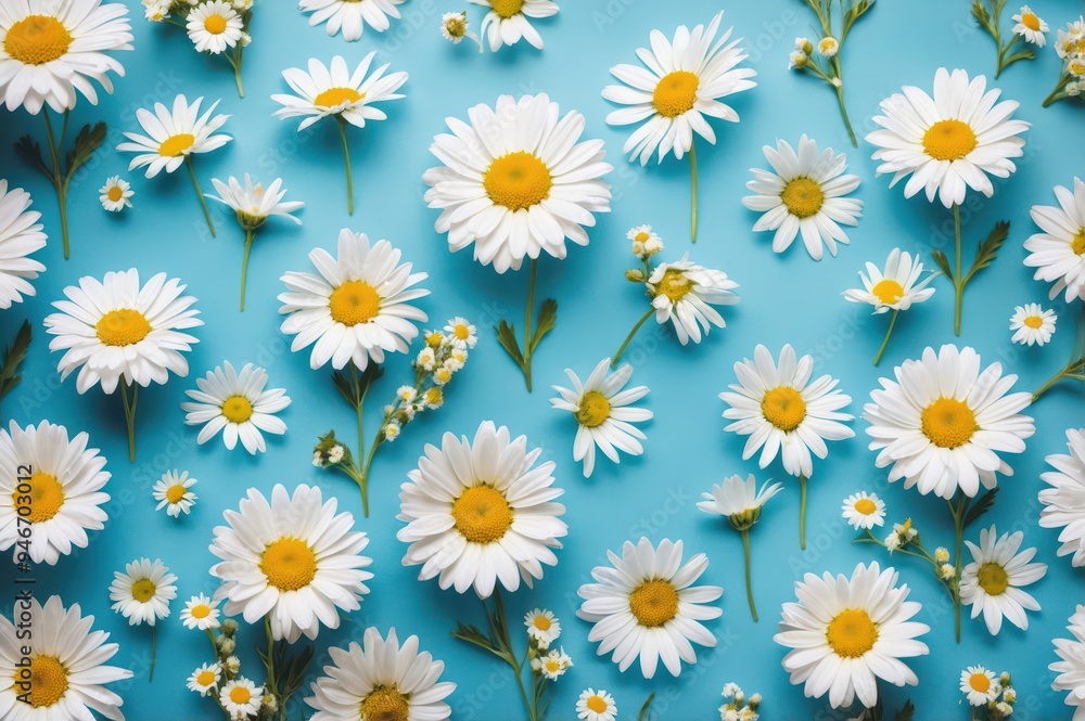 Wall mural daisies on blue background