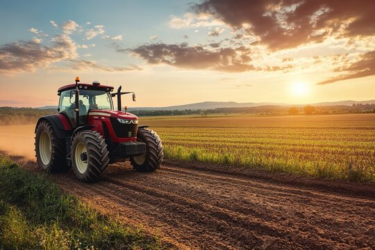 Red tractor plowing field at sunset, rural landscape