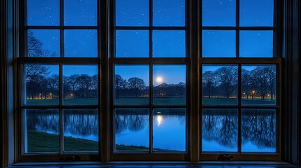   A water view with a distant clock tower and full moon