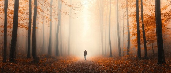 Solitary Figure Walking Through a Misty Autumn Forest