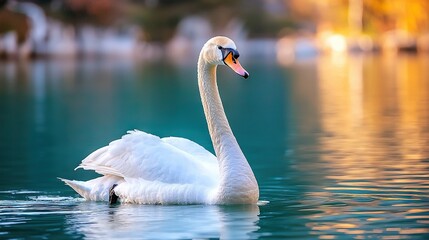 Fototapeta premium Large white swan on lake next to green grass and forest
