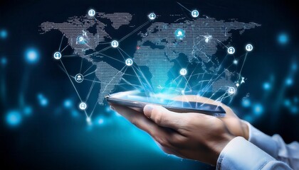 Hands holding a phone, with digital networks and global map. Generated image