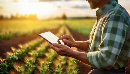 A close-up shot on a hands of a Caucasian male farmer using a tablet in the field. Generated image