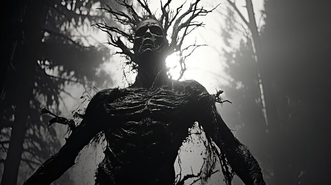 A scary monster in a dark forest. A frightening image of a creepy creature.