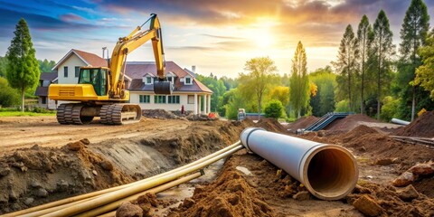 Excavator Digging Trench for Pipe Installation in Sunset, construction , pipeline , excavation