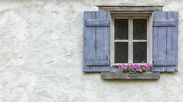  A white stucco building features a window with blue shutters and pink flowers in a box