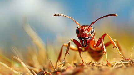 Close-up of a red ant standing in the grass in a meadow and looking at the camera. Insect in its natural habitat. Illustration for varied design.