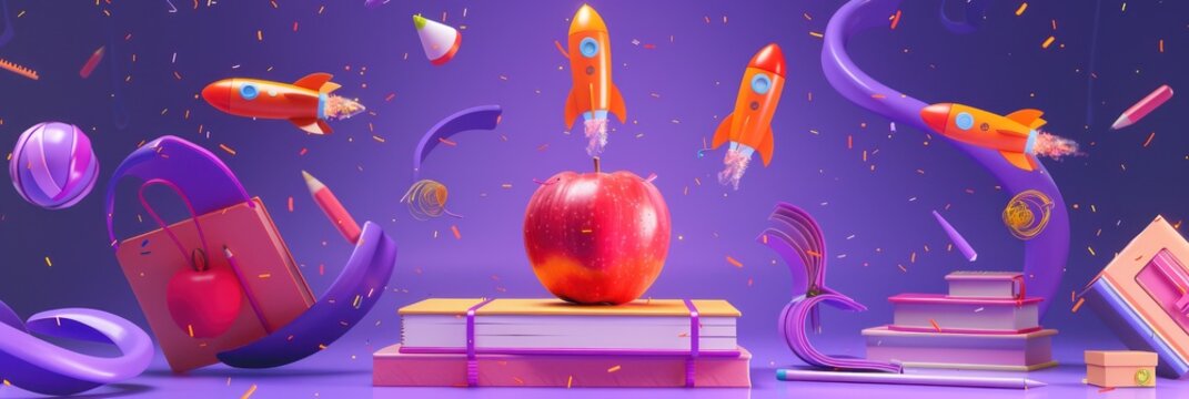Electric purple background with school supplies and orange rockets floating around an apple on books, in a cosmic setting
