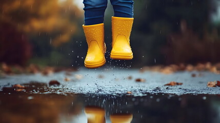 Jumping Yellow Boots Rain Puddle Playful Child Autumn Leaves