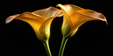 Golden Calla Lilies Embrace, Black Background, Two Flowers, Close-Up, Elegance, Calla Lily, Flower