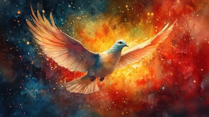 ethereal dove rendered in vibrant flowing watercolors wings spread wide against a radiant background symbolizing peace hope and spiritual enlightenment