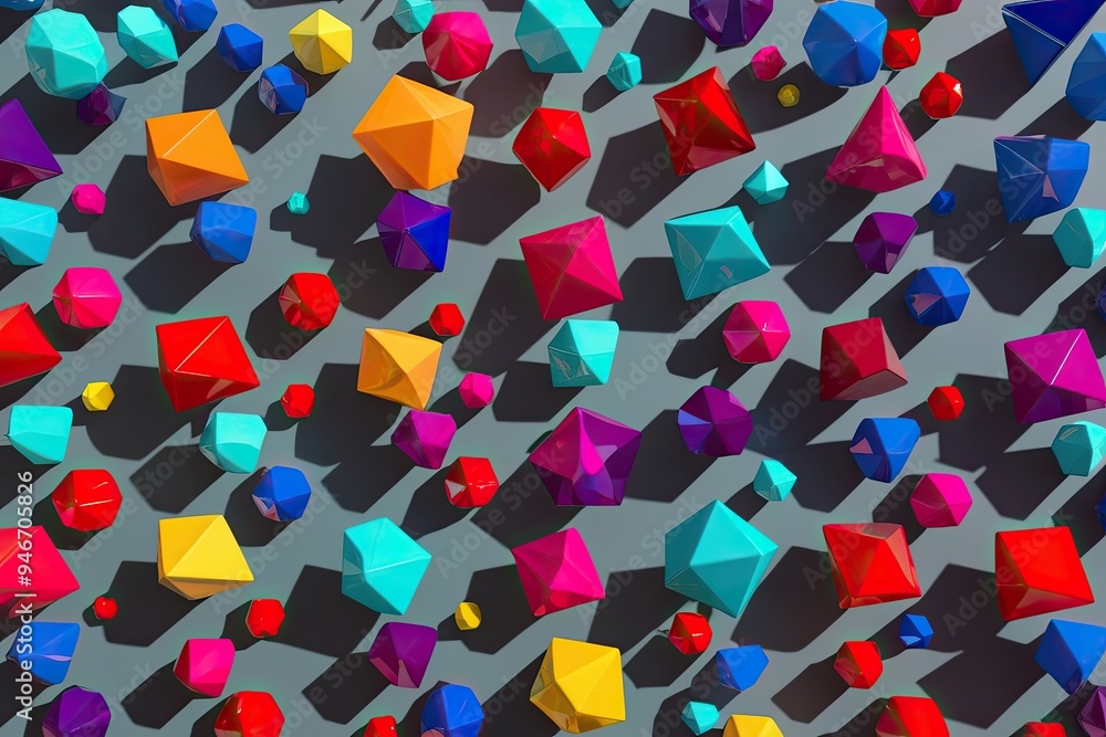 Poster multicolored prisms on shadowy surface: 3d geometric background with vibrant patterns