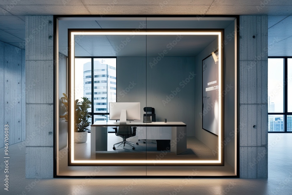 Poster elegant borderless frame in a minimalistic office atmosphere with concrete wall and window illuminat