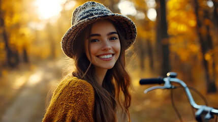 Smiling Woman Autumn Forest Hat Beautiful Light Nature