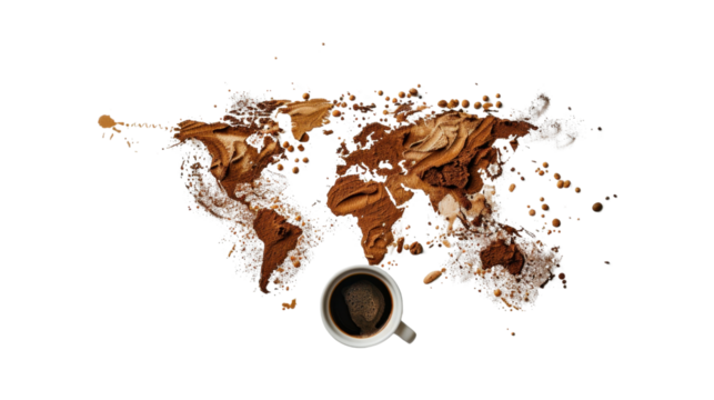 World map made of coffee beans with a cup of coffee isolated on white background