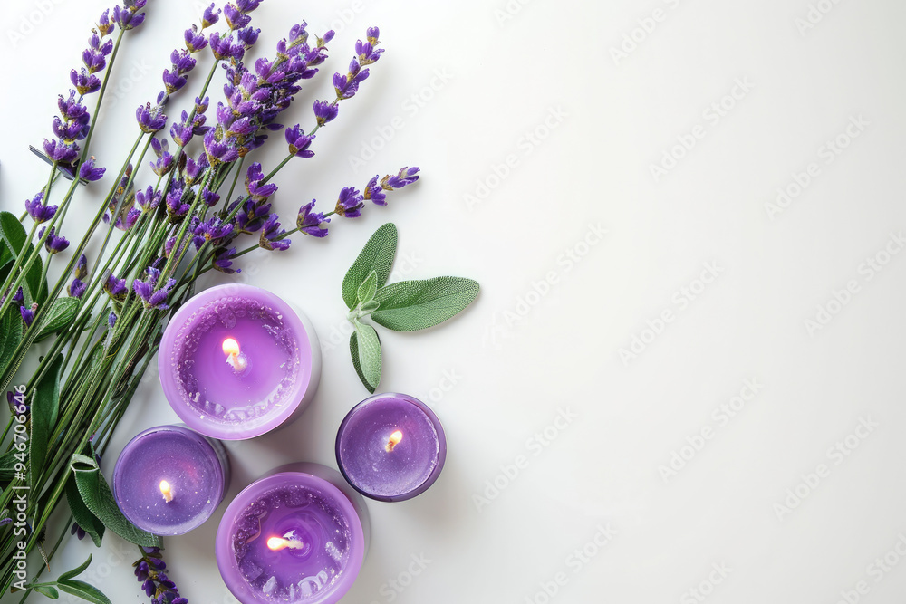 Wall mural lavender candles and fresh lavender buds on the plain white background