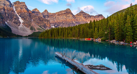 Scenic View of Moraine Lake and Rocky Mountains at Sunset