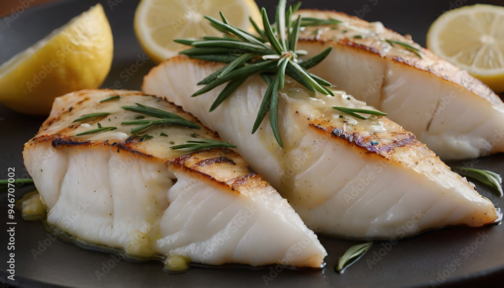 Sticker grilled haddock fillets with lemon and rosemary on top