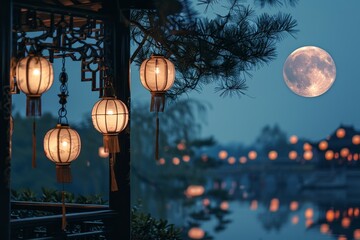 A serene landscape of the full moon shining brightly over a decorative lantern display