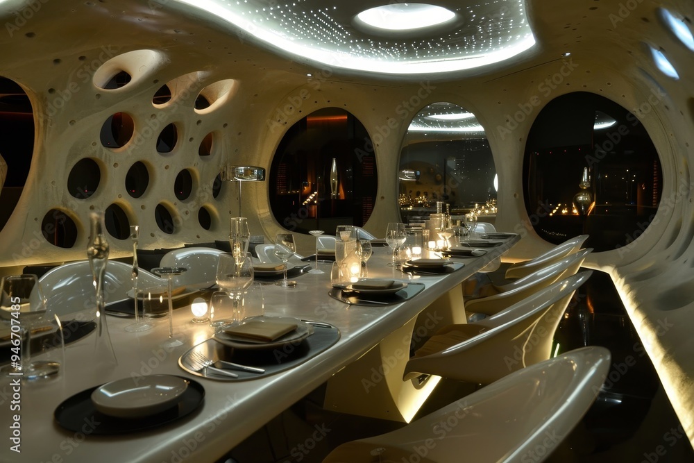 Aufkleber a space-age dining room with interactive table settings and digital servers